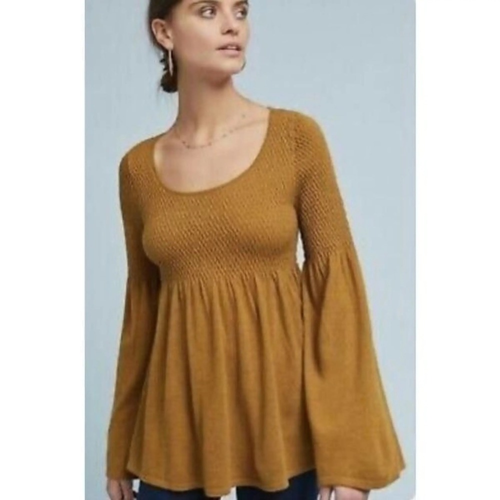 Anthropologie Knitted & Knotted Women Babydoll Sweater XS Mustard Bell Sleeve